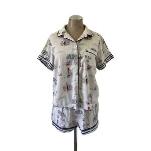 Jane and Bleecker Paris Print Pajama Set White Navy Blue Cotton Blend Large